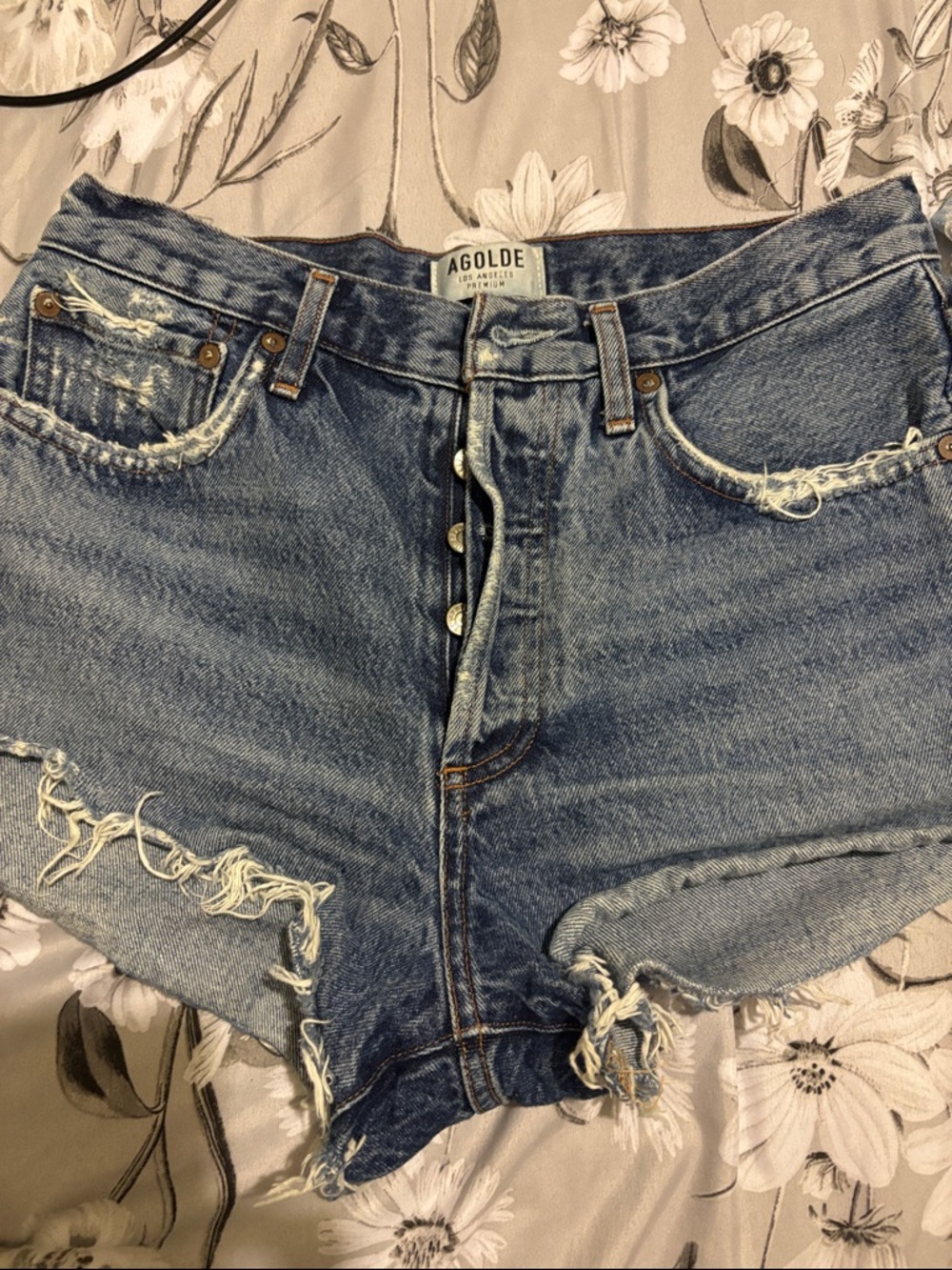 Agolde Distressed High-Rise Denim Cutoff Shorts in Blue